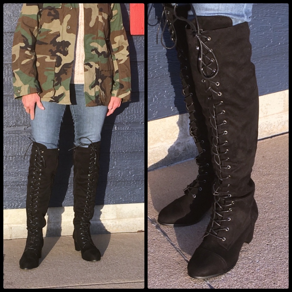 Black Suede Lace-Up Over The Knee Boots SZ 6! NEW!